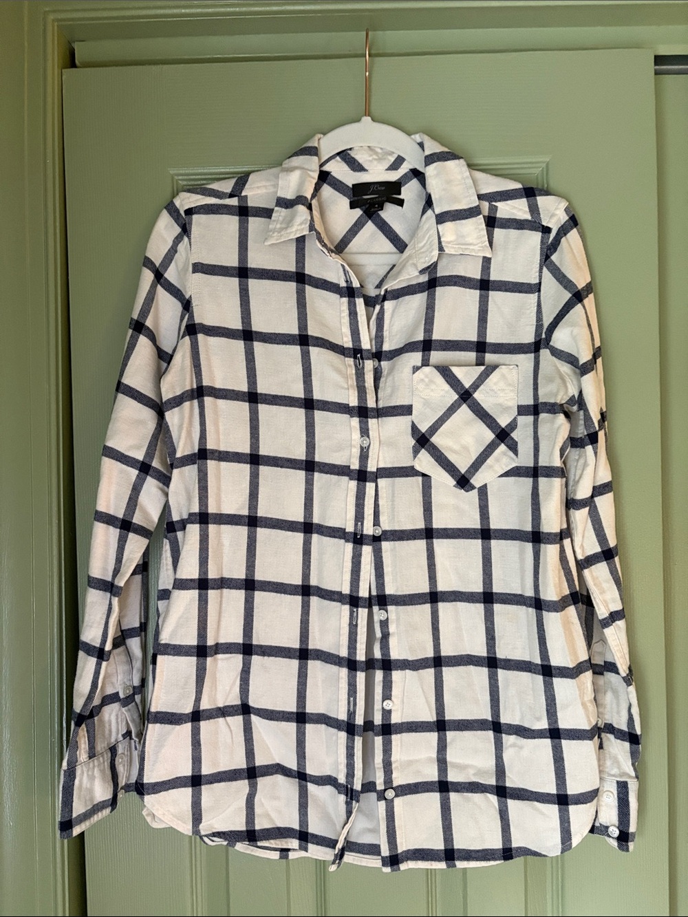 J. Crew White and Navy Windowpane Flannel Plaid Button-Down | Size 4